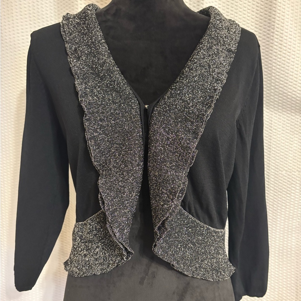 Berek black long sleeve cropped sweater metallic silver-tone criss cross front M